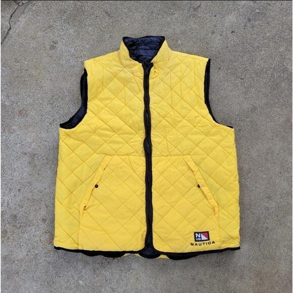 Vtg 90s Nautica Competition Spell Out Reversible Full Zip Vest Navy Yellow XL - Picture 2 of 4